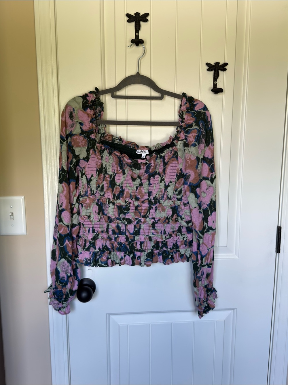 Sam Edelman Pink and Green Floral Smocked Long-Sleeve Blouse